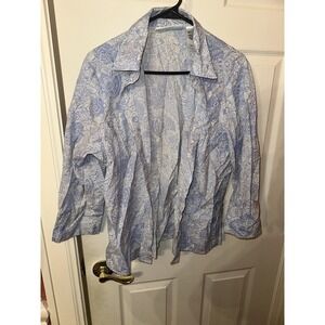 First Issue Women's White With Blue Floral Patten Button Up Long Sleeve Shirt L